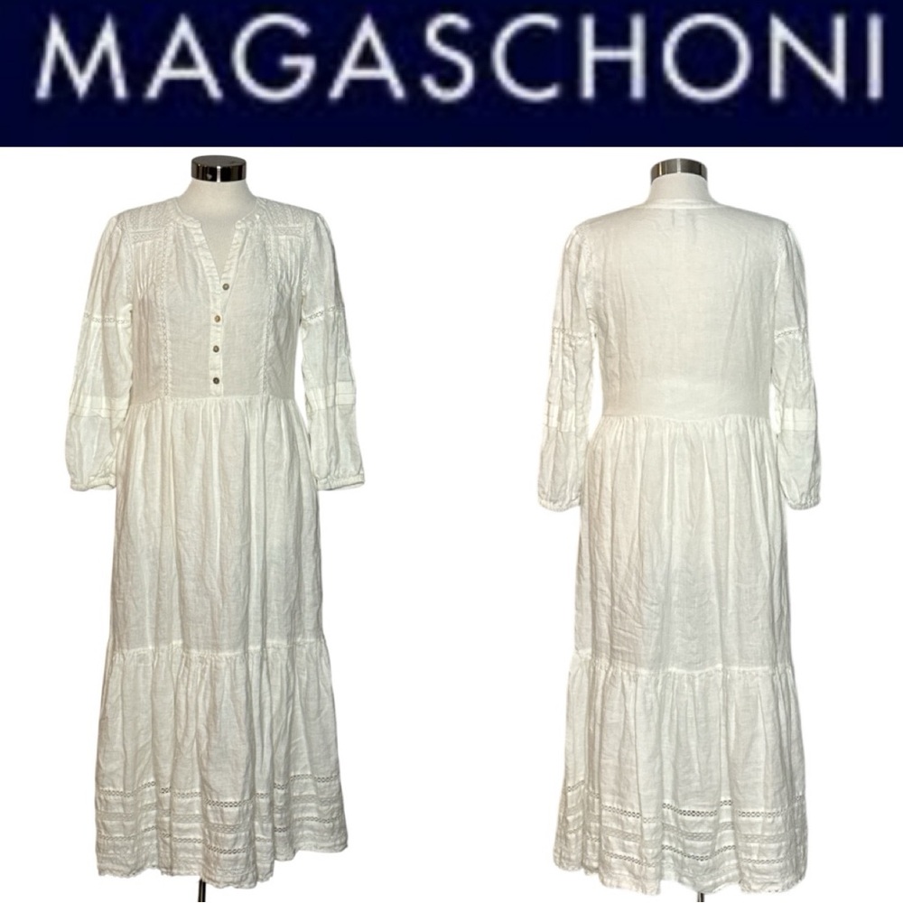 MAGASCHONI BONE LINEN BOHO COTTAGECORE CROCHET AND LACE PRAIRIE STYLE MIDI DRESS